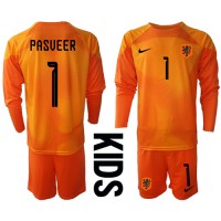 Niederlande Remko Pasveer #1 Torwart Auswärts Trikotsatz Kinder WM 2022 Langarm (+ Kurze Hosen)